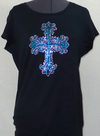 Rhinestone Cross shirt crystall and turqoise 