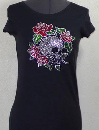 Skull with Roses Rhinestone Shirt